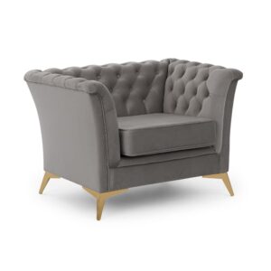 Wohnli Möbelsuche - Chesterfield Sessel aus grauem Samt mit goldenen Füßen