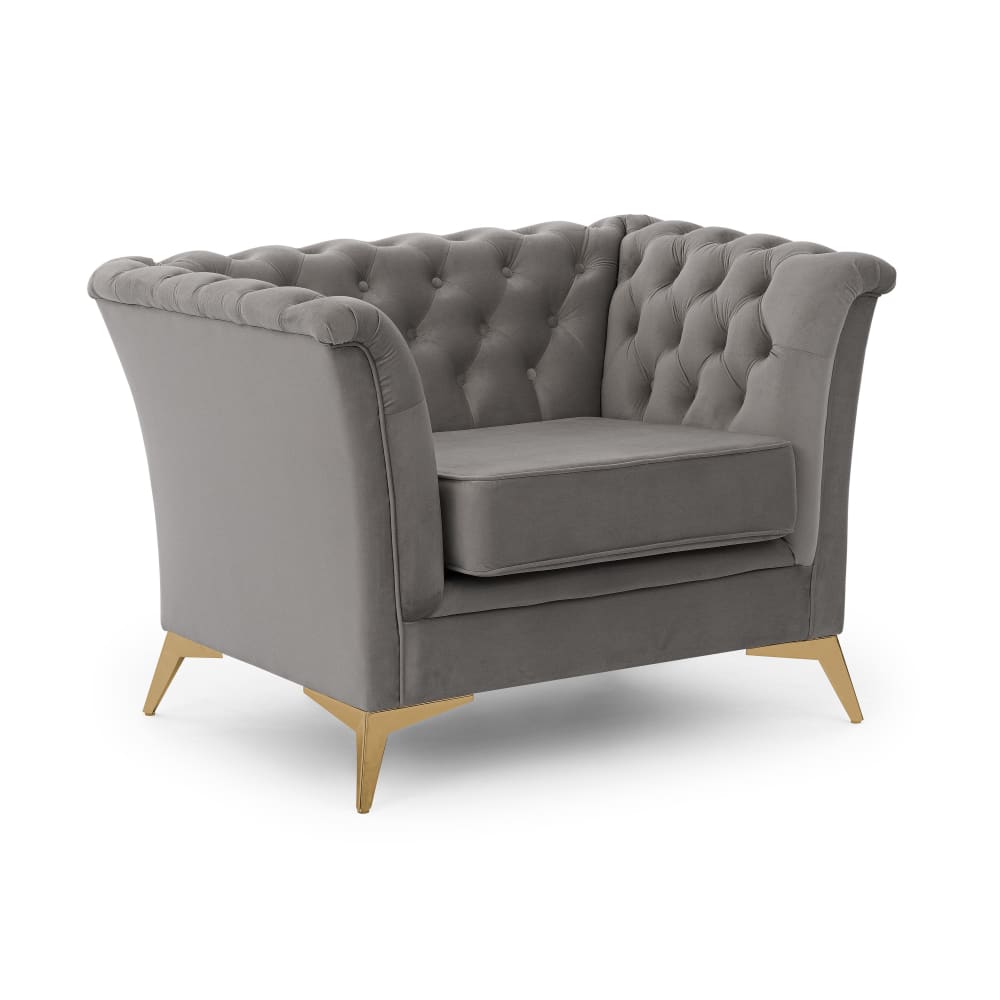 Wohnli Möbelsuche - Chesterfield Sessel aus grauem Samt mit goldenen Füßen