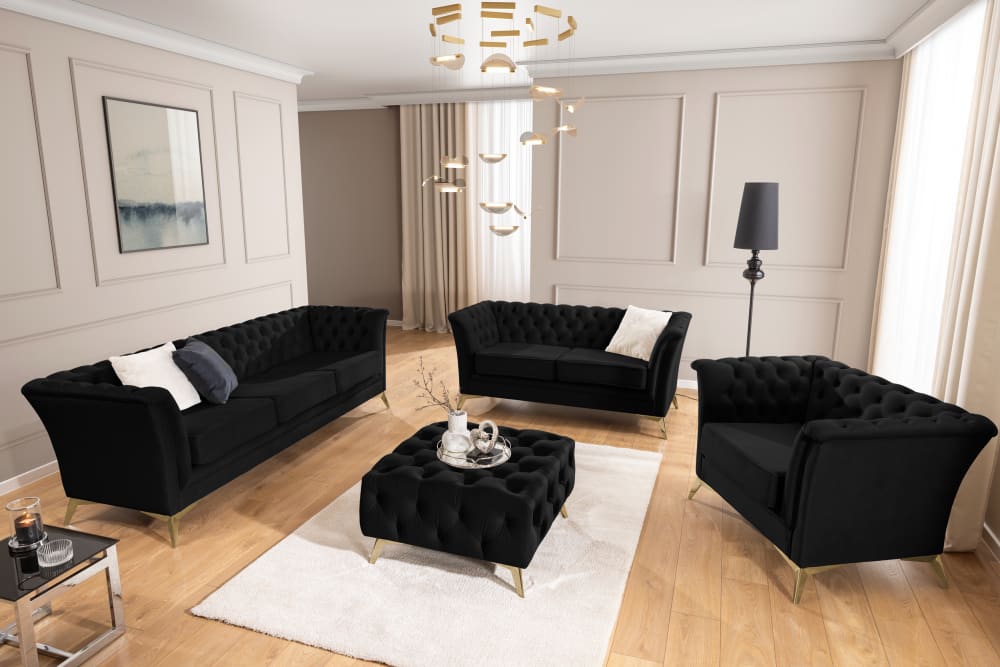 Chesterfield Polstergarnitur 3+2+1 aus schwarzem Samt 82x78x237cm Holz Schwarz S-Style Sofas und Sessel Sofas 2-Sitzer-Sofas & 3-Sitzer-Sofas