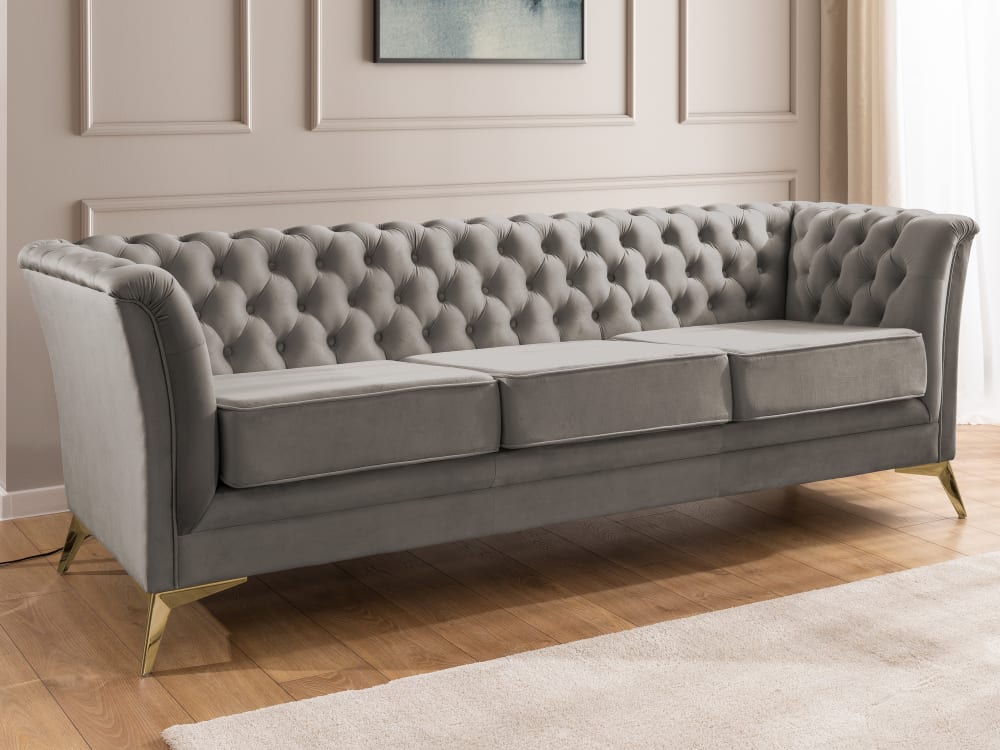 Chesterfield 3-Sitzer Sofa aus grauem Samt mit goldenen Füßen 82x78x237cm Holz Grau S-Style Sofas und Sessel Sofas 2-Sitzer-Sofas & 3-Sitzer-Sofas