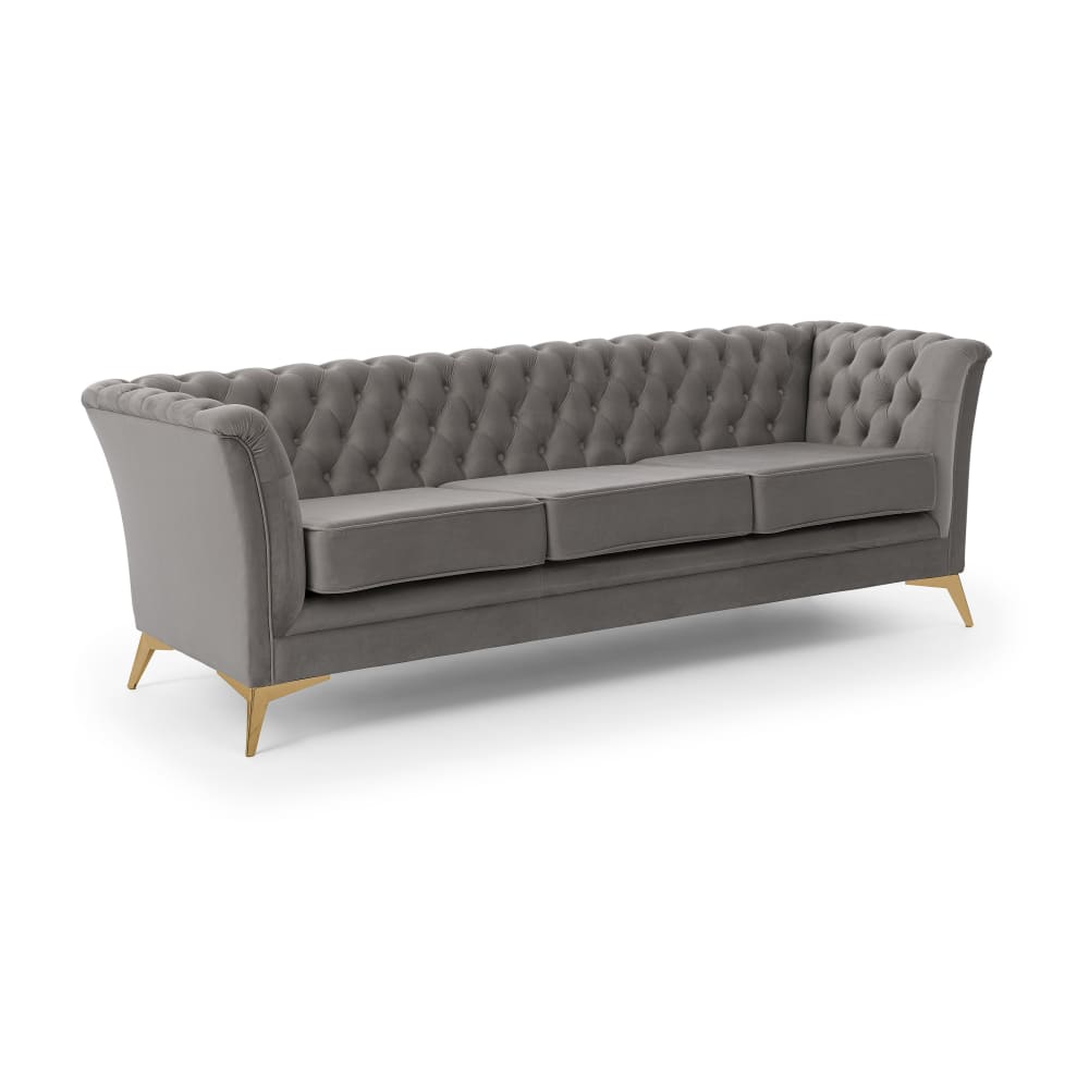Wohnli Möbelsuche - Chesterfield 3-Sitzer Sofa aus grauem Samt mit goldenen Füßen