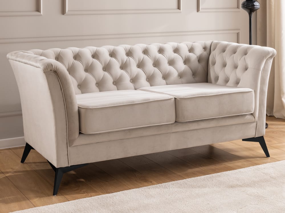 Chesterfield 2-Sitzer Sofa aus beigem Samt mit schwarzen Füßen 82x78x175cm Holz Beige S-Style Sofas und Sessel Sofas 2-Sitzer-Sofas & 3-Sitzer-Sofas