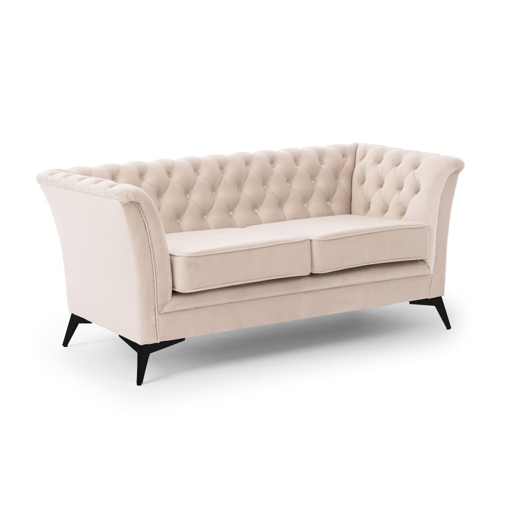 Wohnli Möbelsuche - Chesterfield 2-Sitzer Sofa aus beigem Samt mit schwarzen Füßen