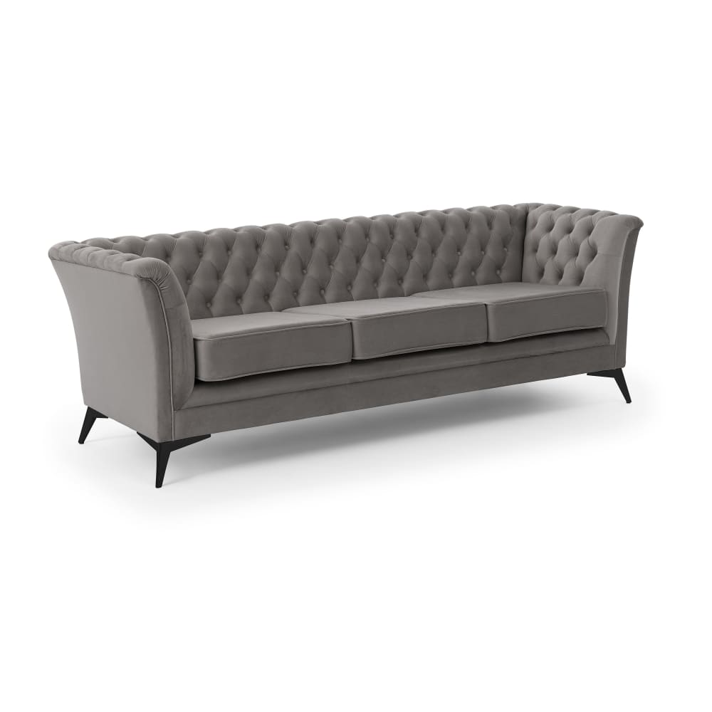 Wohnli Möbelsuche - Chesterfield 3-Sitzer Sofa aus grauem Samt mit schwarzen Füßen