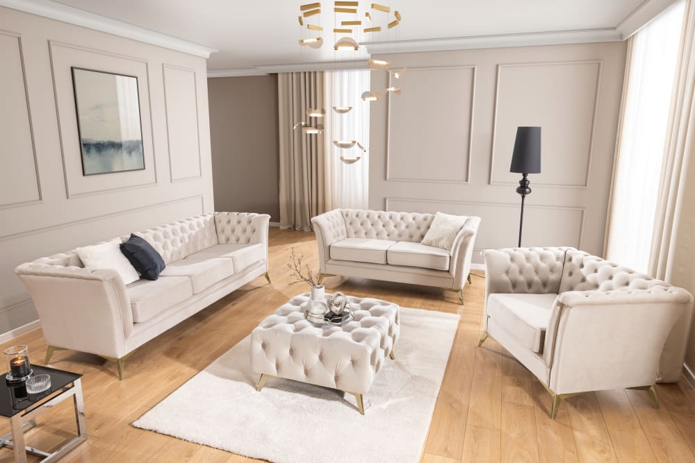 Chesterfield Polstergarnitur 2+1 aus beigem Samt 82x78x175cm Holz Beige S-Style Sofas und Sessel Sofas 2-Sitzer-Sofas & 3-Sitzer-Sofas