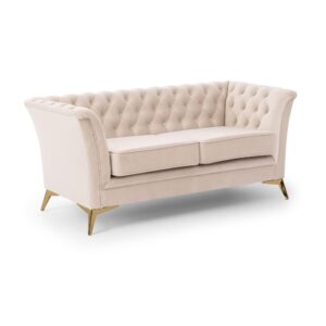 Wohnli Möbelsuche - Chesterfield 2-Sitzer Sofa aus beigem Samt mit goldenen Füßen