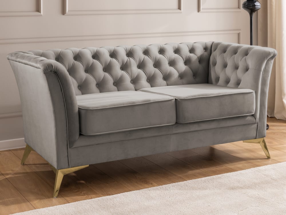 Chesterfield 2-Sitzer Sofa aus grauem Samt mit goldenen Füßen 82x78x175cm Holz Grau S-Style Sofas und Sessel Sofas 2-Sitzer-Sofas & 3-Sitzer-Sofas