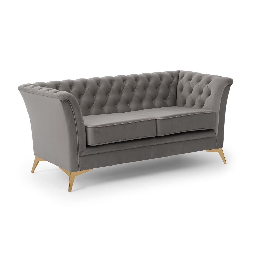 Wohnli Möbelsuche - Chesterfield 2-Sitzer Sofa aus grauem Samt mit goldenen Füßen