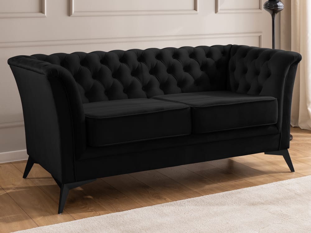 Chesterfield 2-Sitzer Sofa aus schwarzem Samt mit schwarzen Füßen 82x78x175cm Holz Schwarz S-Style Sofas und Sessel Sofas 2-Sitzer-Sofas & 3-Sitzer-Sofas