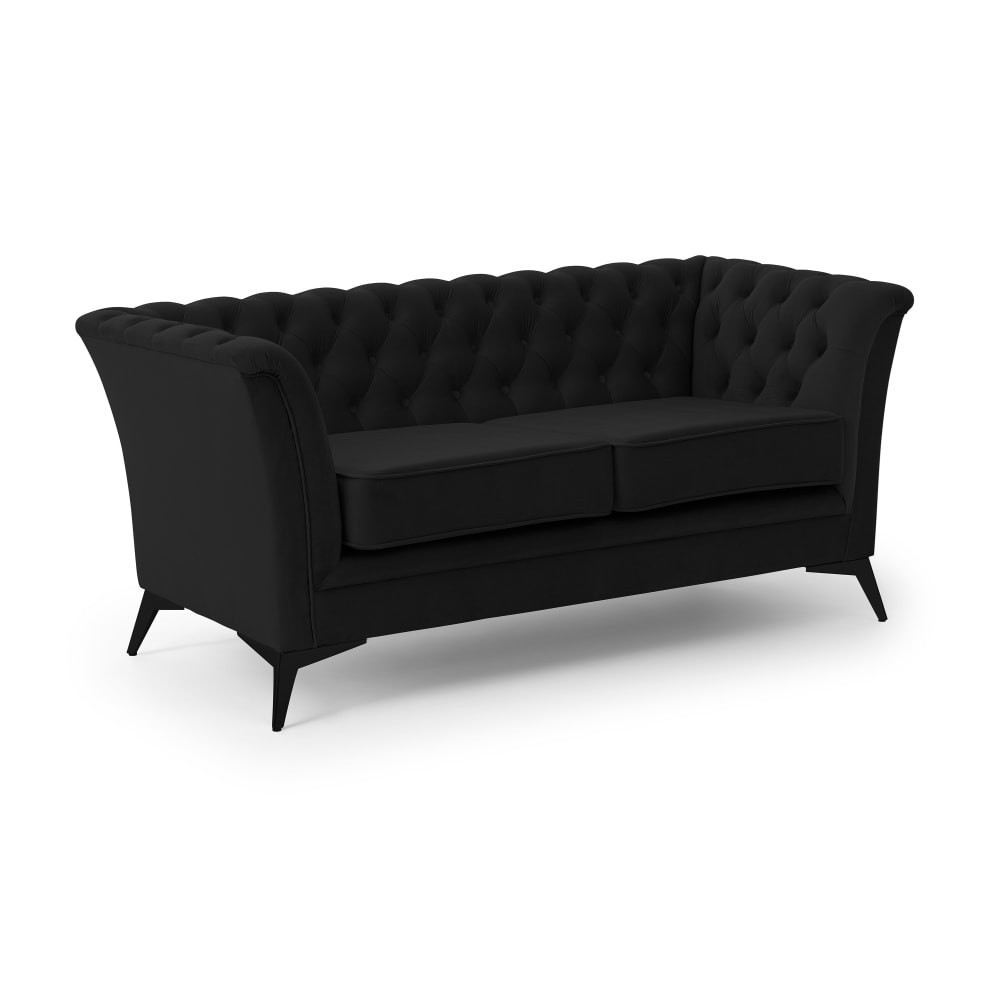 Wohnli Möbelsuche - Chesterfield 2-Sitzer Sofa aus schwarzem Samt mit schwarzen Füßen