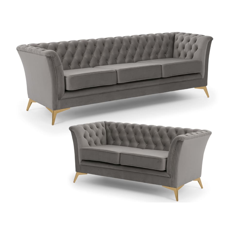 Wohnli Möbelsuche - Chesterfield Polstergarnitur 3+2 aus grauem Samt