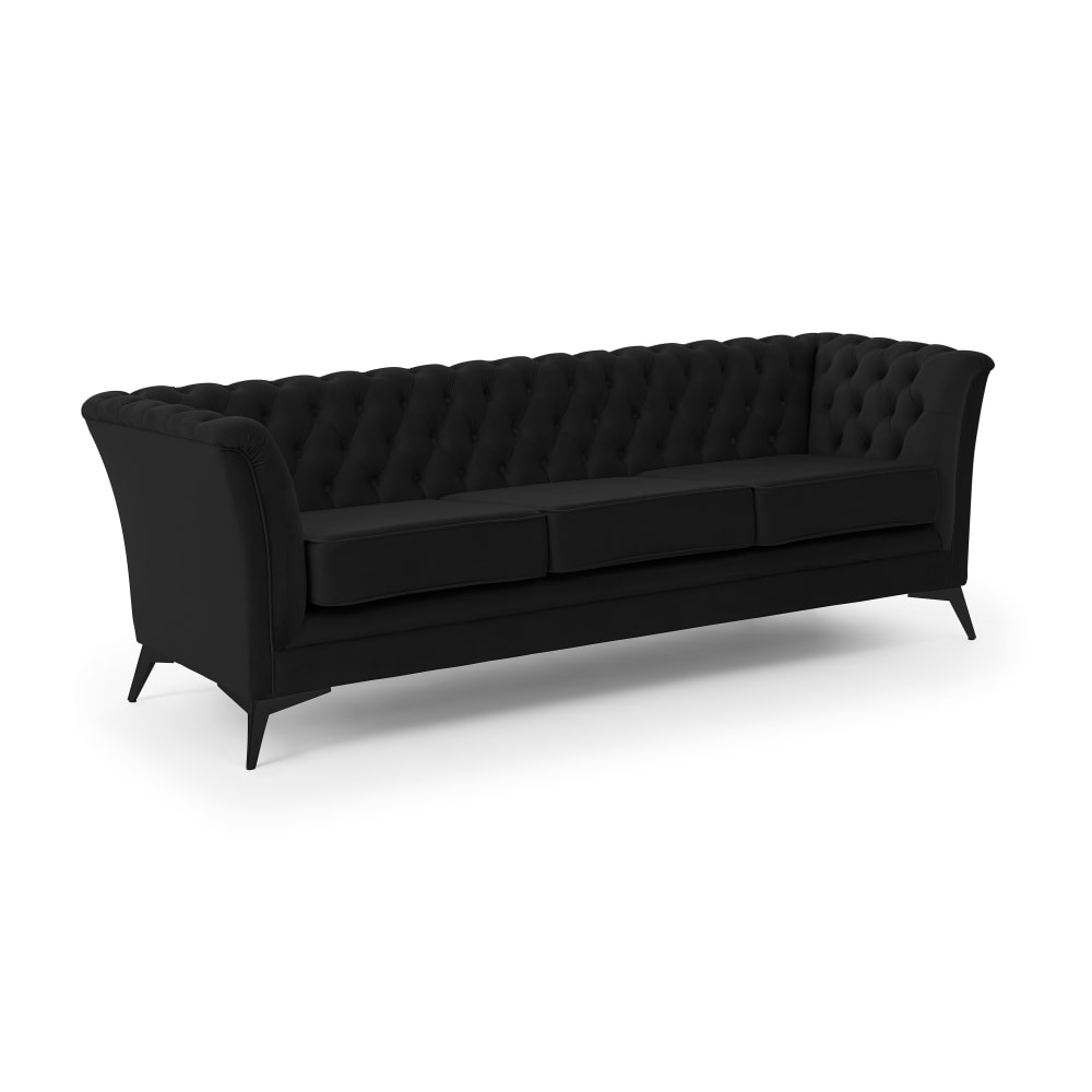 Wohnli Möbelsuche - Chesterfield 3-Sitzer Sofa aus schwarzem Samt mit schwarzen Füßen