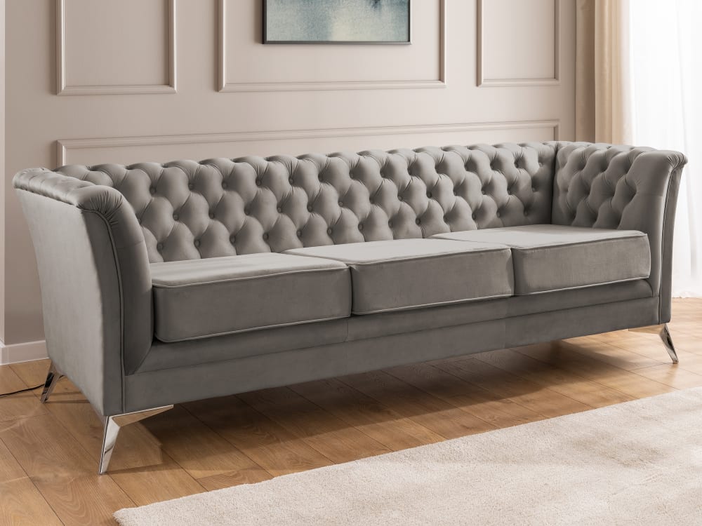Chesterfield 3-Sitzer Sofa aus grauem Samt mit verchromten Füßen 82x78x237cm Holz Grau S-Style Sofas und Sessel Sofas 2-Sitzer-Sofas & 3-Sitzer-Sofas