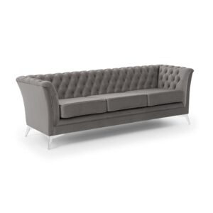 Wohnli Möbelsuche - Chesterfield 3-Sitzer Sofa aus grauem Samt mit verchromten Füßen