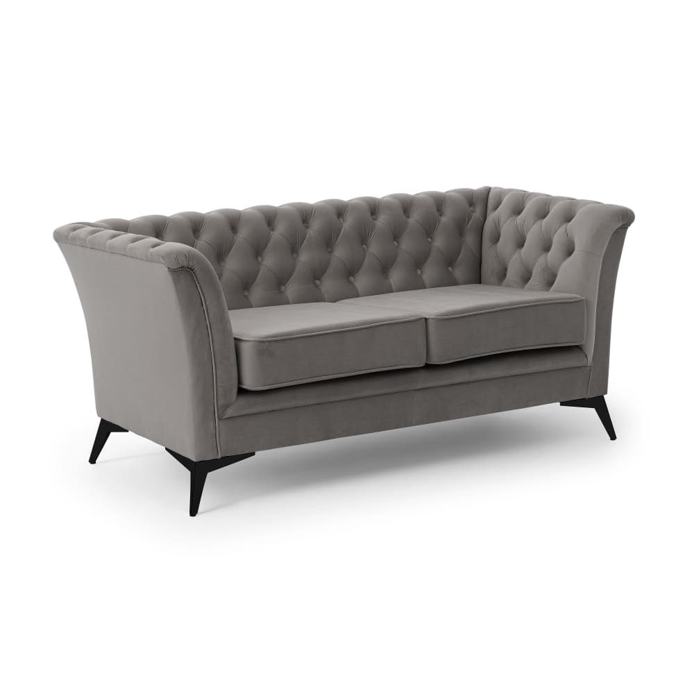 Wohnli Möbelsuche - Chesterfield 2-Sitzer Sofa aus grauem Samt mit schwarzen Füßen