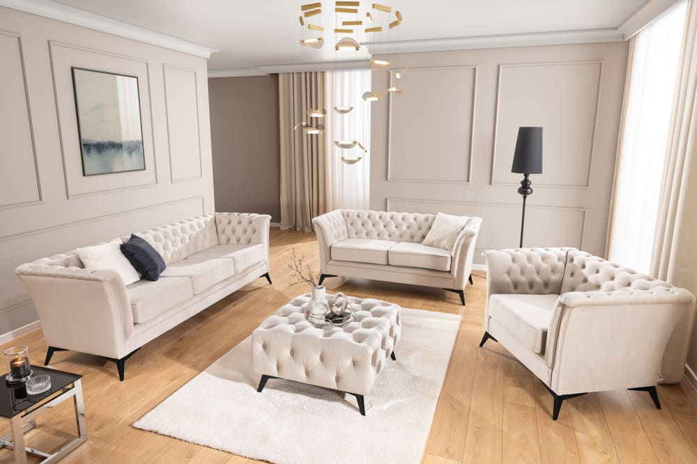Chesterfield Polstergarnitur 3+2 aus beigem Samt 82x78x237cm Holz Beige S-Style Sofas und Sessel Sofas 2-Sitzer-Sofas & 3-Sitzer-Sofas