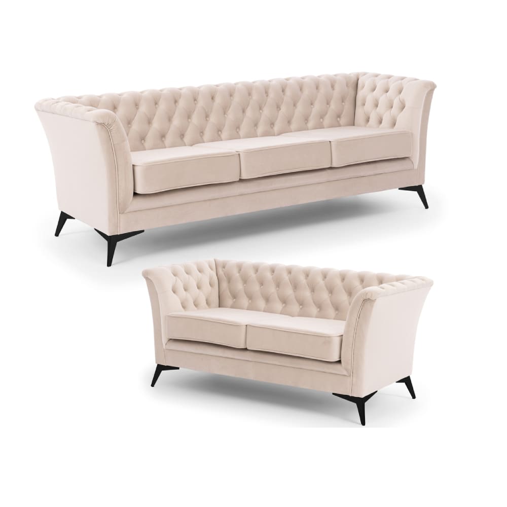 Wohnli Möbelsuche - Chesterfield Polstergarnitur 3+2 aus beigem Samt