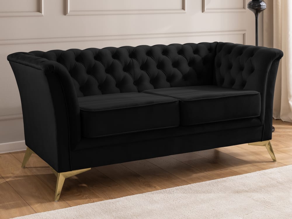 Chesterfield 2-Sitzer Sofa aus schwarzem Samt mit goldenen Füßen 82x78x175cm Holz Schwarz S-Style Sofas und Sessel Sofas 2-Sitzer-Sofas & 3-Sitzer-Sofas