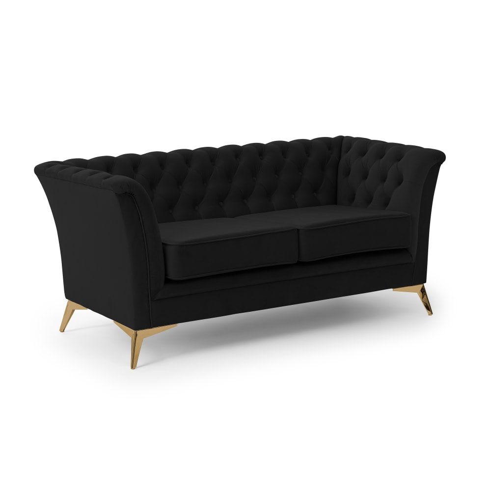 Wohnli Möbelsuche - Chesterfield 2-Sitzer Sofa aus schwarzem Samt mit goldenen Füßen