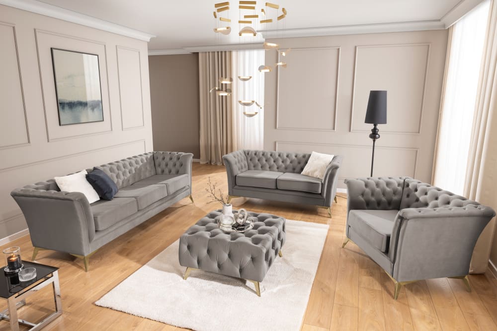 Chesterfield Polstergarnitur 3+1 aus grauem Samt 82x78x237cm Holz Grau S-Style Sofas und Sessel Sofas 2-Sitzer-Sofas & 3-Sitzer-Sofas
