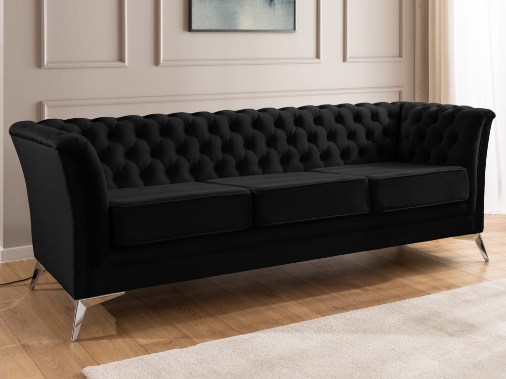 Chesterfield 3-Sitzer Sofa aus schwarzem Samt mit verchromten Füßen 82x78x237cm Holz Grau S-Style Sofas und Sessel Sofas 2-Sitzer-Sofas & 3-Sitzer-Sofas