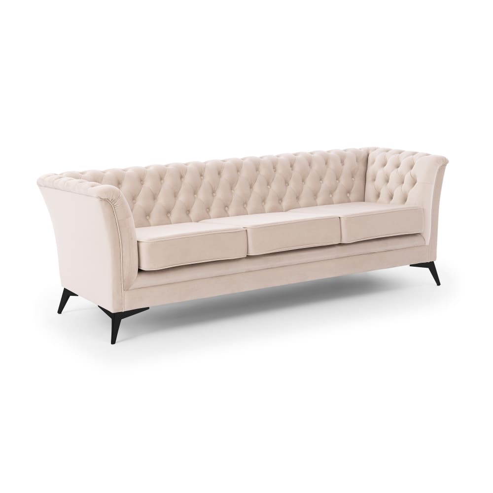 Wohnli Möbelsuche - Chesterfield 3-Sitzer Sofa aus beigem Samt mit schwarzen Füßen