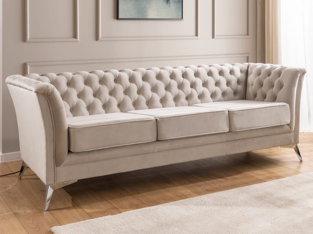 Chesterfield 3-Sitzer Sofa aus beigem Samt mit verchromten Füßen 82x78x237cm Holz Beige S-Style Sofas und Sessel Sofas 2-Sitzer-Sofas & 3-Sitzer-Sofas