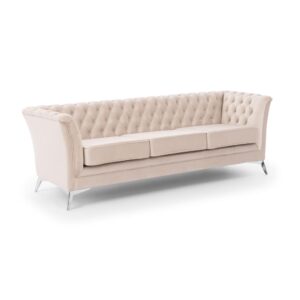 Wohnli Möbelsuche - Chesterfield 3-Sitzer Sofa aus beigem Samt mit verchromten Füßen