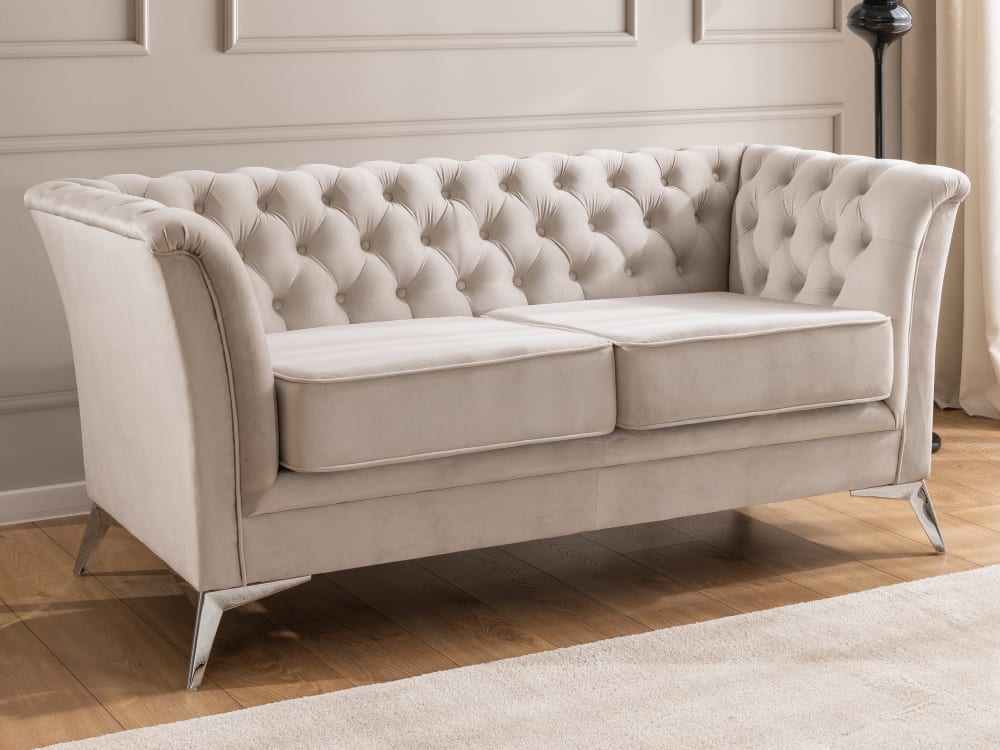 Chesterfield 2-Sitzer Sofa aus beigem Samt mit verchromten Füßen 82x78x175cm Holz Beige S-Style Sofas und Sessel Sofas 2-Sitzer-Sofas & 3-Sitzer-Sofas