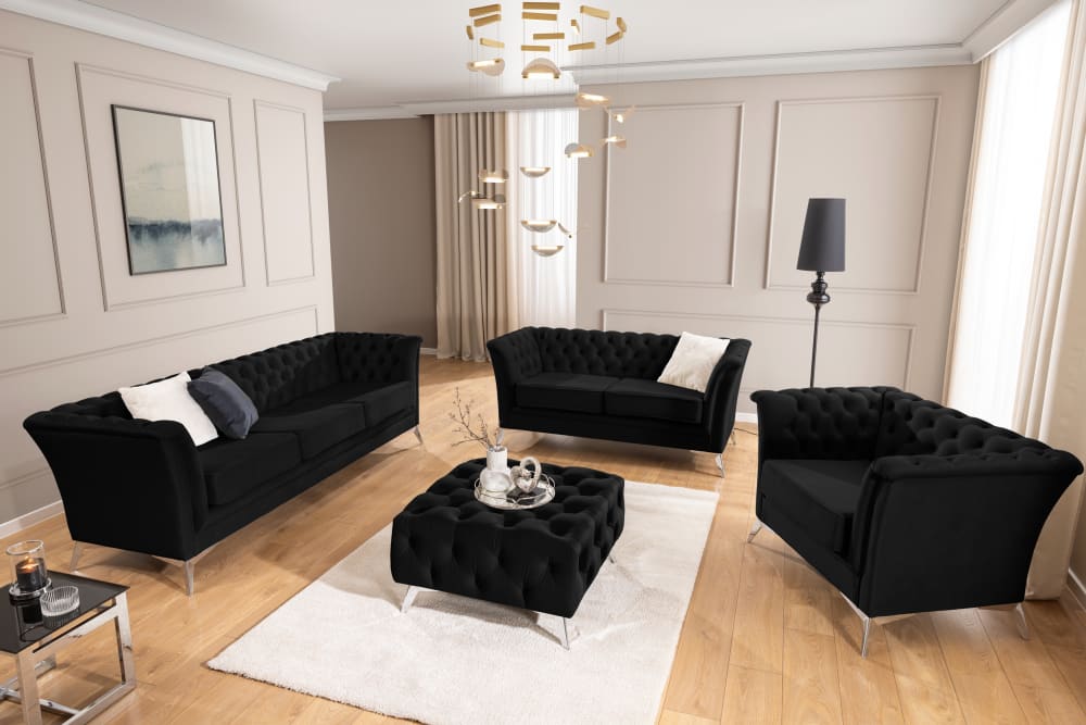 Chesterfield Polstergarnitur 3+2+1 aus schwarzem Samt 82x78x237cm Holz Schwarz S-Style Sofas und Sessel Sofas 2-Sitzer-Sofas & 3-Sitzer-Sofas