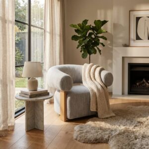 wohnli-moebel-suche-M25160771-1 Sessel aus massiver Eiche mit hellgrauem Stoff 80x79x92cm Holz Grau WOODEK Sofas und Sessel Sessel, Poufs und Fußbänke Sessel