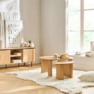 wohnli-moebel-suche-M25162181-1 2er-Set Couchtische in organischer Form mit Holzdekor L80 cm 80x40x60cm Spanplatte Beige Calicosy Möbel Wohnzimmermöbel Couchtische