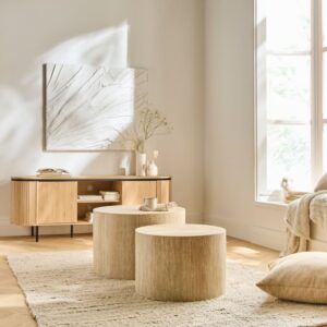 wohnli-moebel-suche-M25162198-1 2er-Set runde Couchtische H38 cm - Travertindekor 58x38x58cm Spanplatte Beige Calicosy Möbel Wohnzimmermöbel Couchtische