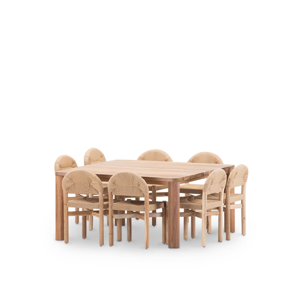wohnli-moebel-suche-M25163264 Wohnli Möbelsuche - Tischset 150x150 cm und 8 Stühle aus Holz und beigem Rattan