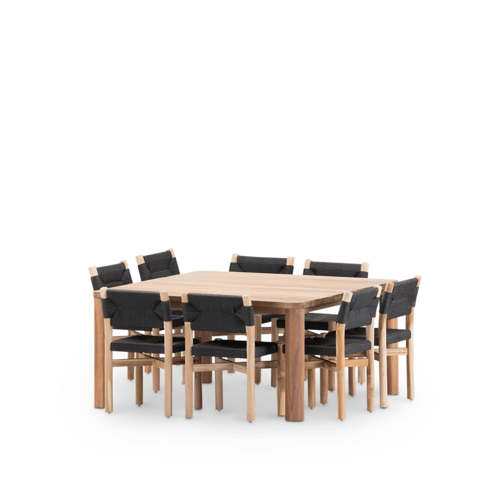 wohnli-moebel-suche-M25163271 Wohnli Möbelsuche - Tischset 150x150 cm und 8 Stühle aus Holz und schwarzem Rattan