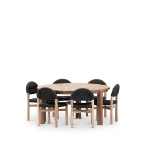 wohnli-moebel-suche-M25163273 Wohnli Möbelsuche - Runder Tischset 150cm und 6 Stühle aus Holz und schwarzem Rattan