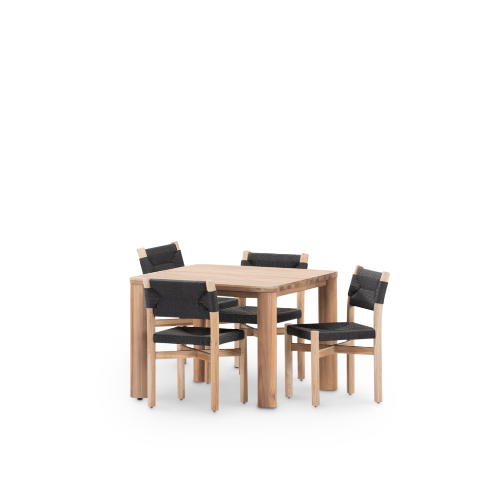 wohnli-moebel-suche-M25163274 Wohnli Möbelsuche - Tischset 100x100 cm und 4 Stühle aus Holz und schwarzem Rattan