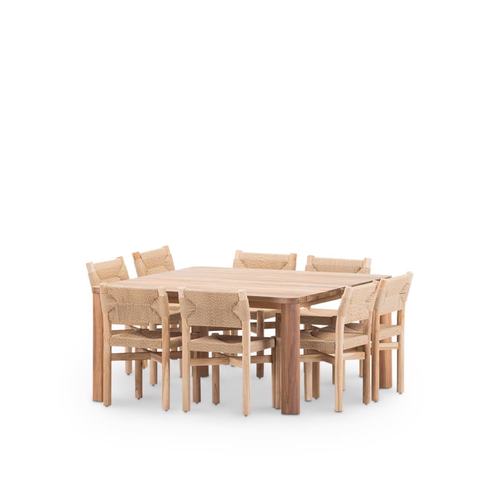 wohnli-moebel-suche-M25163275 Wohnli Möbelsuche - Tischset 150x150 cm und 8 Stühle aus Holz und beigem Rattan