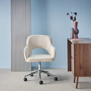 wohnli-moebel-suche-M25163674-1 Bürostuhl mit 5 Rollen antikweißer Cordbezug Gestell verchromt 62x99x60cm Stoff Weiß sweeek Möbel Büromöbel Bürostühle
