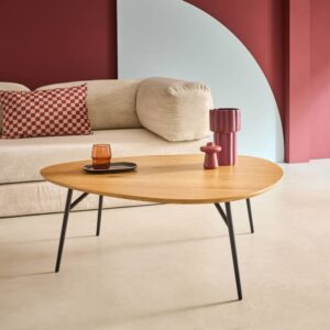 wohnli-moebel-suche-M25163725-1 Dreieckiger Couchtisch mit schwarzen Beinen und Eichenlook 100x35x95cm Metall Braun sweeek Möbel Wohnzimmermöbel Couchtische