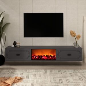 wohnli-moebel-suche-M25164243-1 TV-Ständer mit LED-Kamin 150cm anthrazitgrau und schwarz 150x29x44cm Holz Grau Concept Usine Möbel Wohnzimmermöbel TV-Möbel