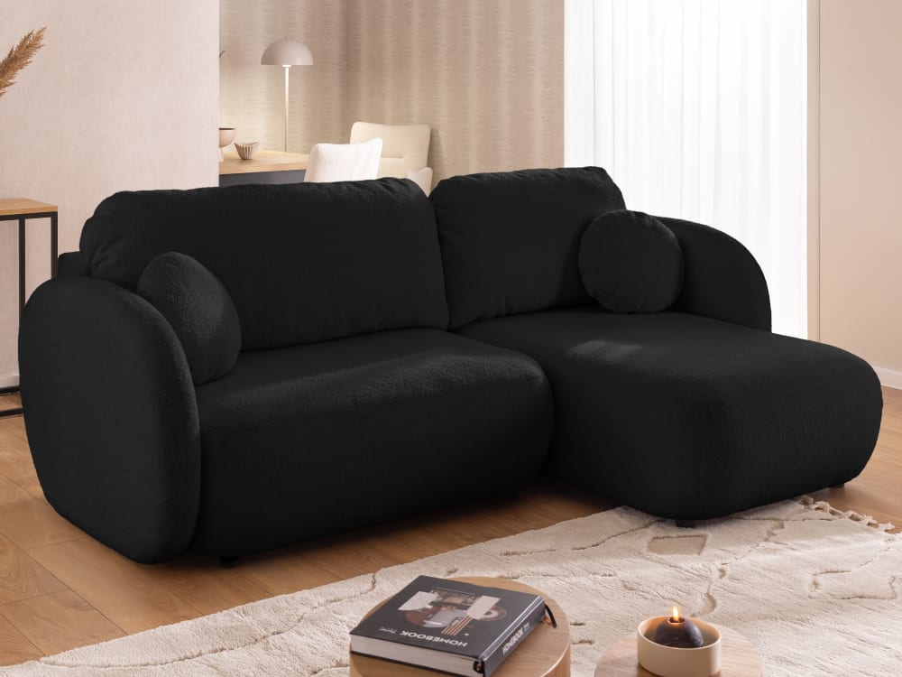 Moderne Ecksofa mit Schlaffunktion und Stauraum aus Schwarz Bouclé 146x90x230cm Holz Schwarz S-Style Sofas und Sessel Sofas Ecksofas