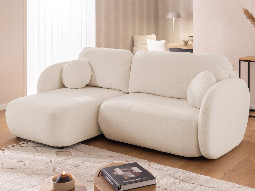 Moderne Ecksofa mit Schlaffunktion und Stauraum aus Hellbeige Bouclé 146x90x230cm Holz Beige S-Style Sofas und Sessel Sofas Ecksofas