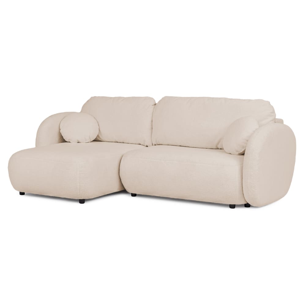 Wohnli Möbelsuche - Moderne Ecksofa mit Schlaffunktion und Stauraum aus Hellbeige Bouclé
