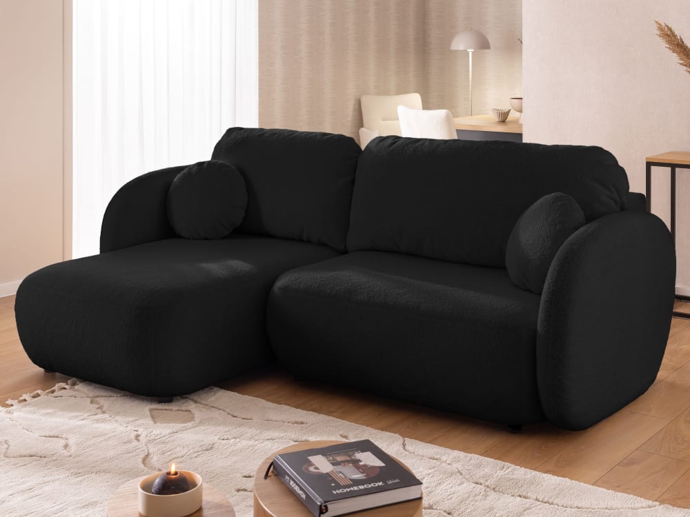 Moderne Ecksofa mit Schlaffunktion und Stauraum aus Schwarz Bouclé 146x90x230cm Holz Schwarz S-Style Sofas und Sessel Sofas Ecksofas