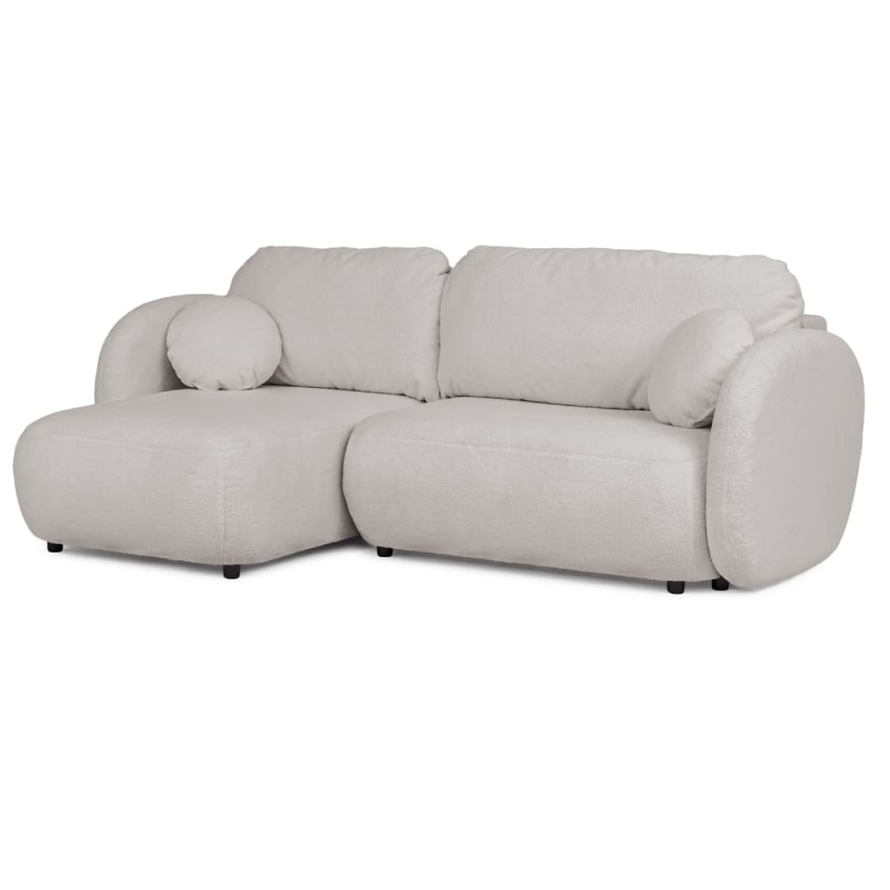 Wohnli Möbelsuche - Moderne Ecksofa mit Schlaffunktion und Stauraum aus Hellgrau Bouclé