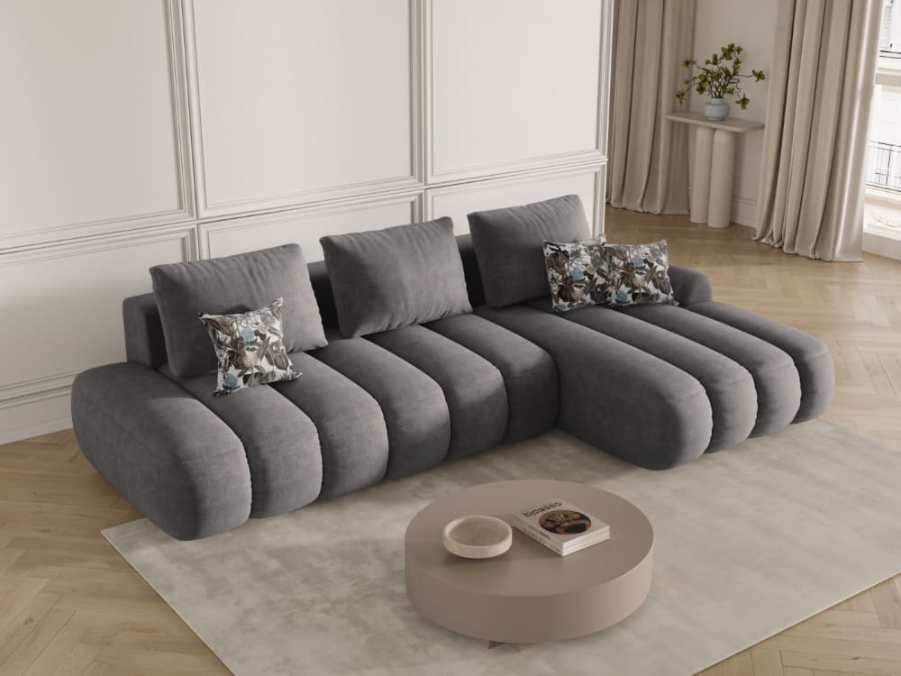 4-Sitzer ausklappbares Ecksofa rechts mit Container aus Samt grau 275x84x142cm Samt Grau CXL by Christian Lacroix Sofas und Sessel Sofas Ecksofas