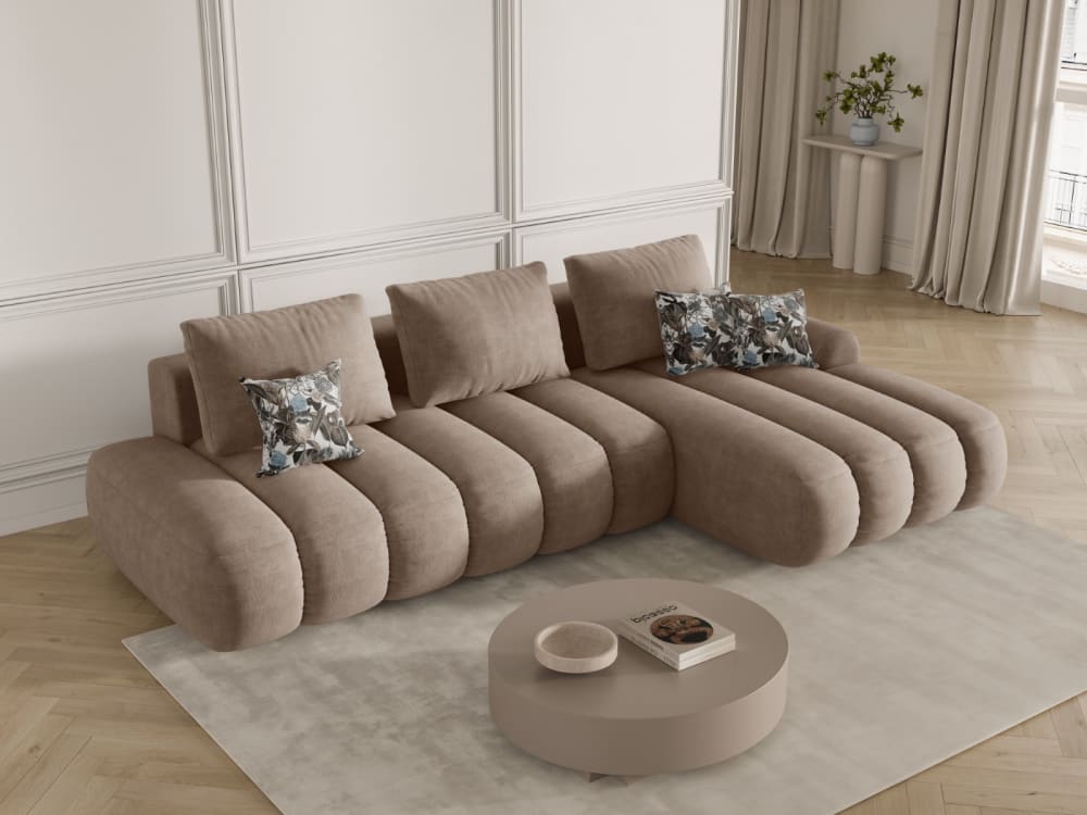 wohnli-moebel-suche-M25164329-1 4-Sitzer ausklappbares Ecksofa rechts + Container aus Samt dunkelbeige 275x84x142cm Samt Beige CXL by Christian Lacroix Sofas und Sessel Sofas Ecksofas