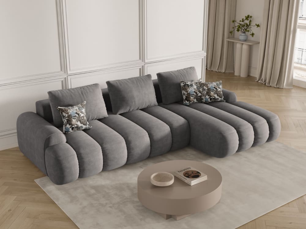 wohnli-moebel-suche-M25164356-1 3-Sitzer ausklappbares Ecksofa rechts mit Container aus Samt grau 275x84x142cm Samt Grau CXL by Christian Lacroix Sofas und Sessel Sofas Ecksofas