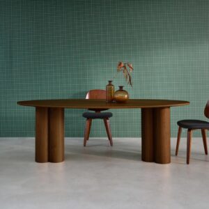 wohnli-moebel-suche-M25164619-1 Ovaler Esstisch aus Heveaholz und Eichenfurnier nussbaumfarben 220 cm 220x73x110cm Spanplatte Braun sweeek Möbel Esszimmermöbel Esstische
